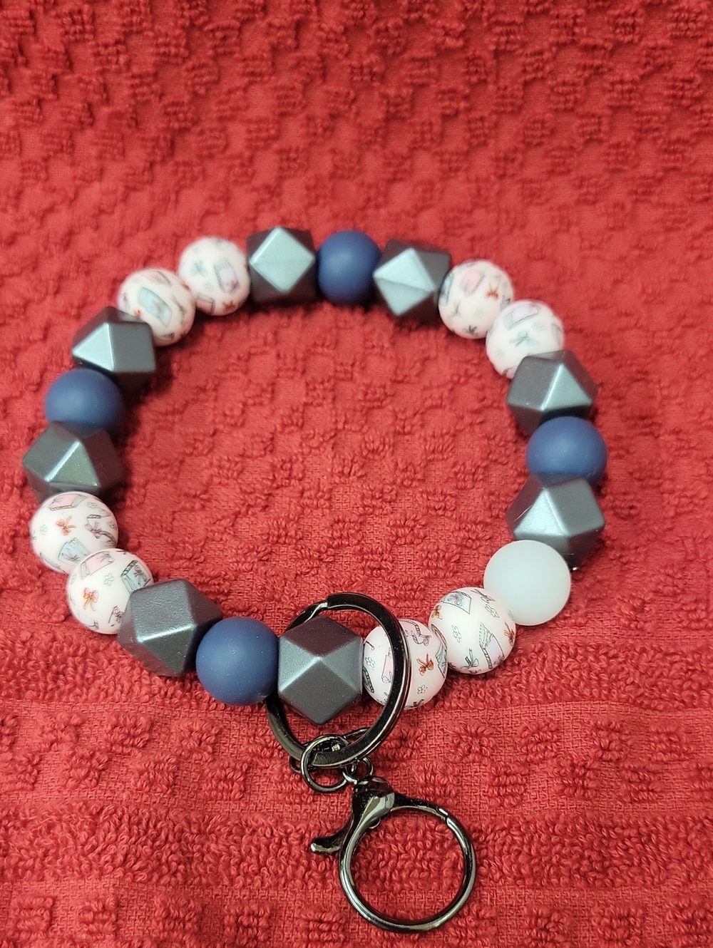 Stretch Beaded Wrist Keychain Bracelet - Navy, Pink & Gray